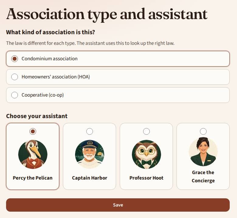 Settings with the association type and four characters to choose from.