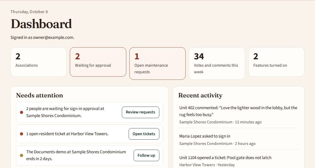 The dashboard with Needs attention and Recent activity.