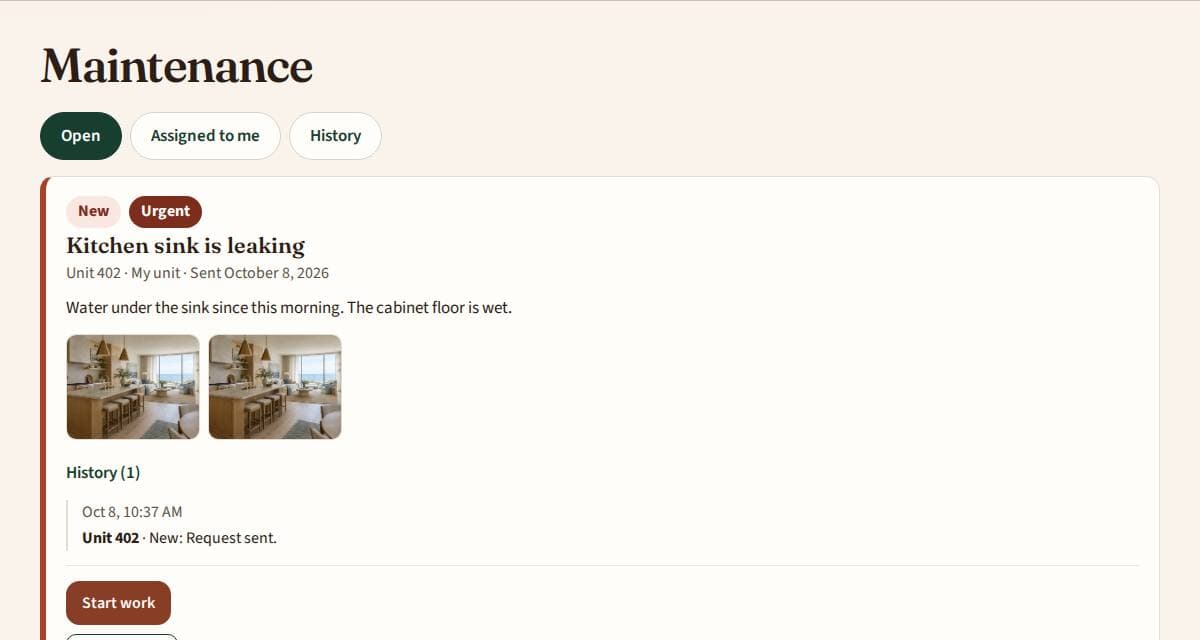 A maintenance ticket with photos, history and a Start work button.