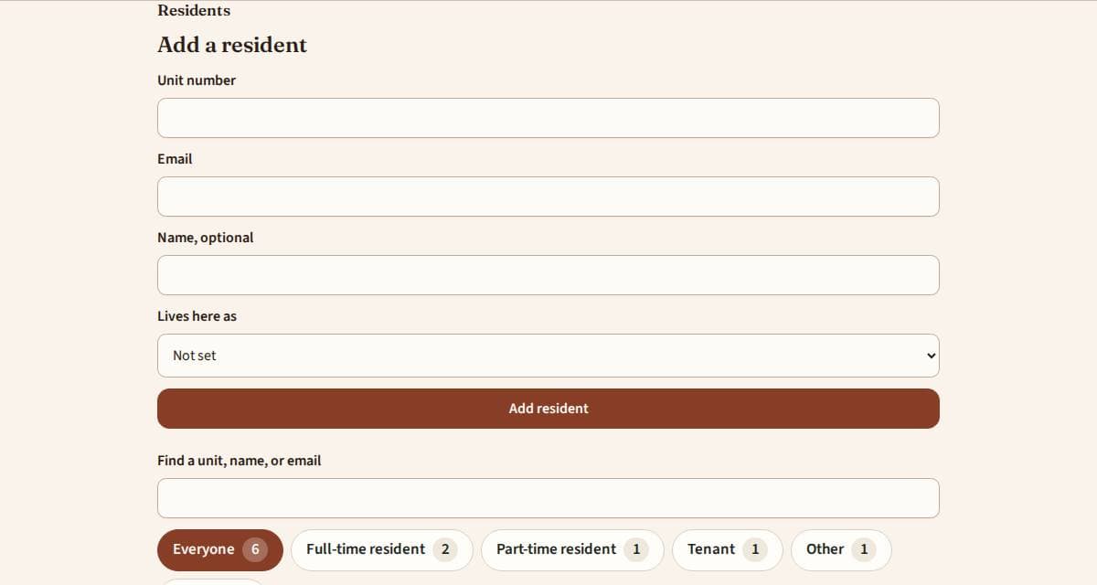 The resident list with Add a resident and filter buttons.