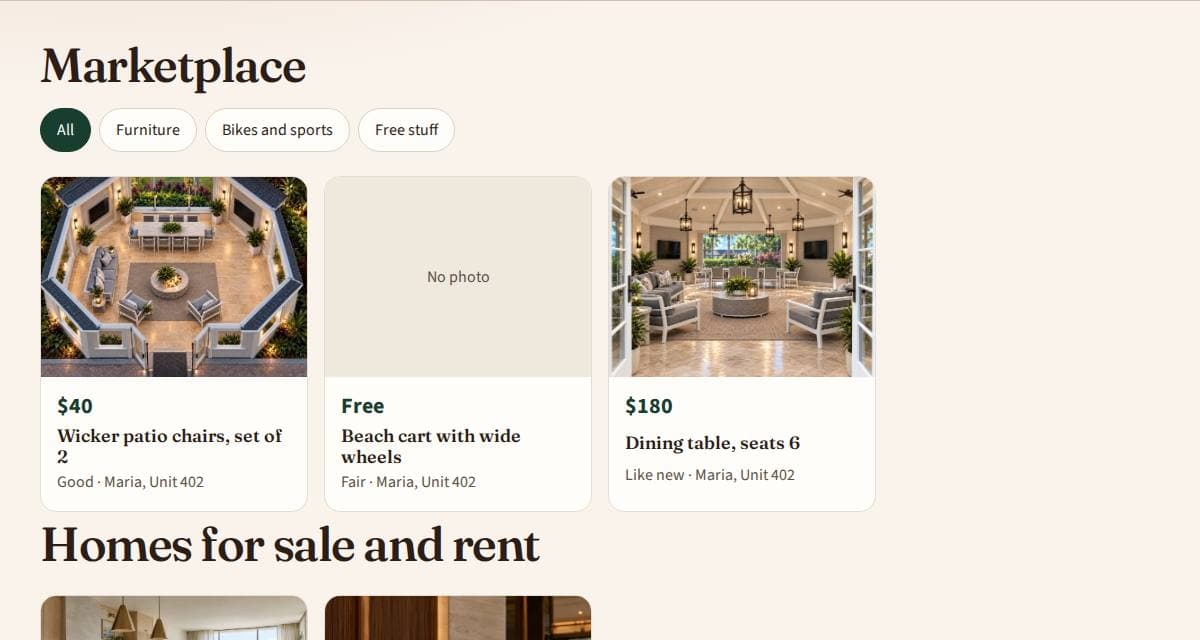 The Marketplace with items for sale and Homes for sale and rent.
