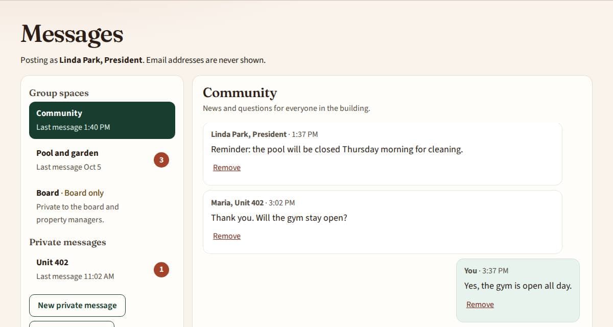 The Messages page with group spaces and a conversation.