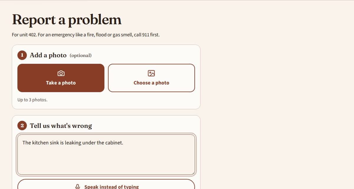 The Report a maintenance problem form.