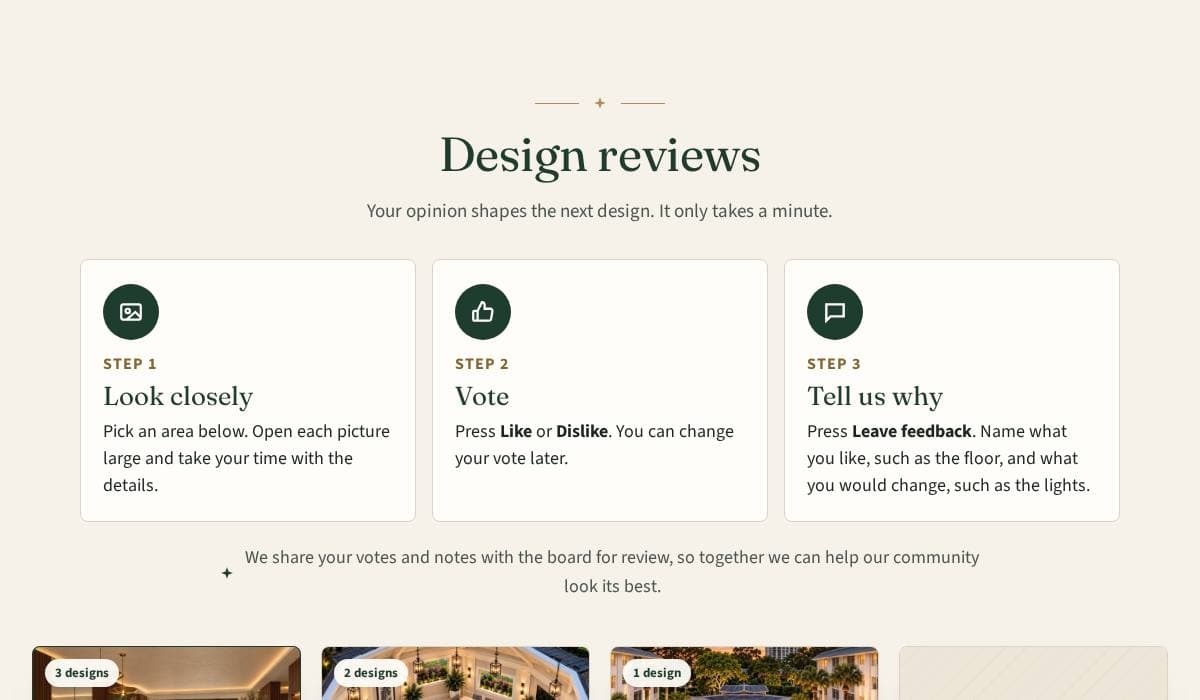 Design reviews with three steps: Look closely, Vote, Tell us why.